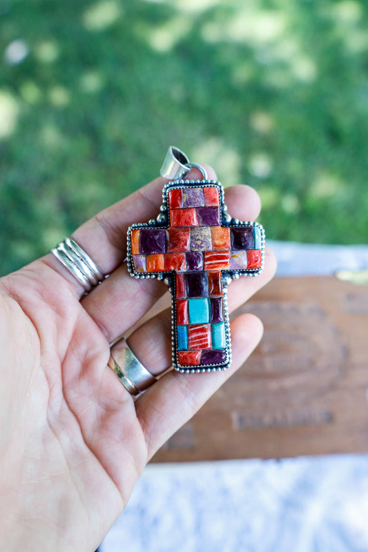 81 - Multi-Stone Cobblestone Cross Pendant